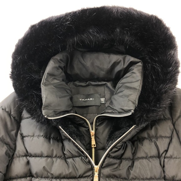 Tahari black long line hooded quilted women’s puffer jacket Large faux fur hood - Picture 14 of 14